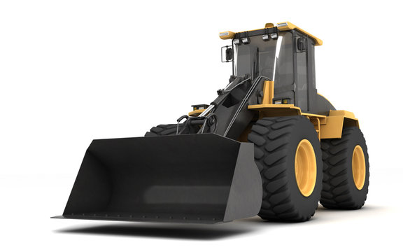 Powerful yellow wheel hydraulic bulldozer with black bucket isolated on white. 3D illustration. Perspective. Low angle. Front view. Left side.