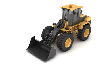 Isometric projection of powerful yellow hydraulic bulldozer with black bucket isolated on white. 3D illustration. Perspective. High angle. Front view. Left side.
