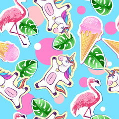 Summer seamless pattern with unicorn and flamingo. Zine Culture style summer background