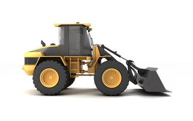 Powerful yellow hydraulic bulldozer with black bucket isolated on white. 3D illustration. Side view. Right side.