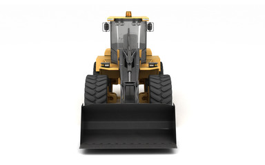 Powerful yellow hydraulic bulldozer with black bucket isolated on white. 3D illustration. Front view at eye level.