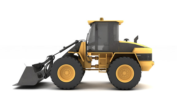 Powerful yellow hydraulic bulldozer with black bucket isolated on white. 3D illustration. Side view. Left side.