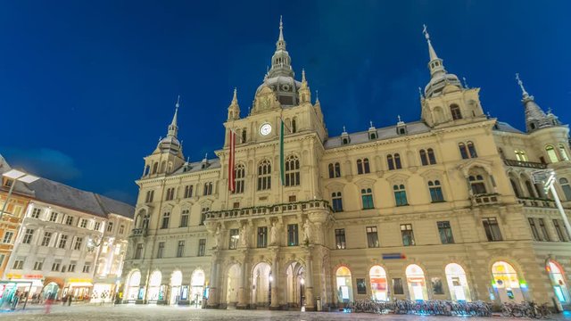 Graz main square and town hall autria at night time lapse hyperlpase in 4k