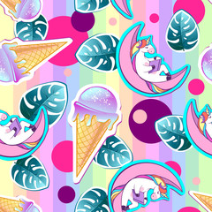 Summer seamless pattern with unicorn and ice cream. Zine Culture style summer background
