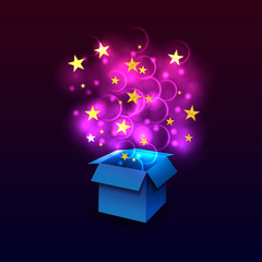Vector Box with Fying Outside Magic Lights, Glittering Textured Stars, Blue and Ultra Violet Color. - obrazy, fototapety, plakaty