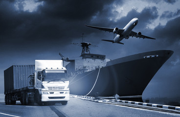 Abstract image of the logistics, there are container truck, ship in port and airplane