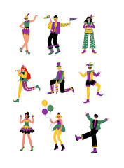 Circus Artists Set, Stage Comedian Performer in Bright Costumes Performing at Show Vector Illustration