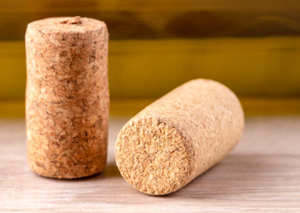 The  Close up of cork wine on a wooden table