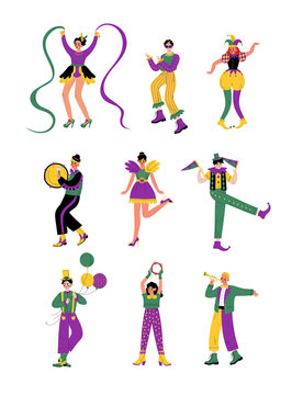 Circus Artists Set, Comedian Performer in Bright Colorful Costumes Performing at Show Vector Illustration