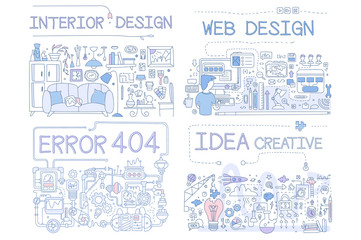 Interior Design, Error 404, web Design, Idea Creative Hand Drawn Objects and Symbols Collection Vector Illustration