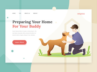 Pet adoption landing page concept. Landing page template of Pet care. Modern flat design concept of web page design for pet website. Vector illustration of A man adopted a pet. Young man with his dog