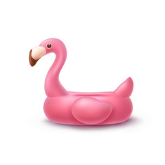 Flamingo isolated on white background. Pink inflatable swimming pool ring. Vector 3d float vacation icon. Summer beach toy template.