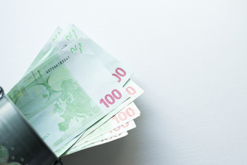 Bucket Filled with Lots of Money euro Isolated on White Background.