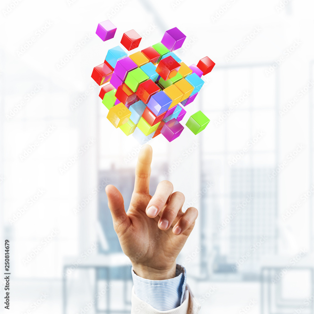 Aufkleber concept of technology integration and innovation presented by cube figure. mixed media