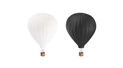 Blank black and white balloon with hot air mockup set, isolated, 3d rendering. Empty airship with...