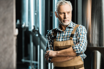 senior brewer posing with crossed arms in working overalls in brewery