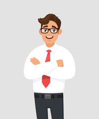 Portrait of handsome young man in white shirt and red tie keeping arms crossed, with eyeglasses. Businessman standing with folded arms pose against gray/grey background in vector cartoon illustration.