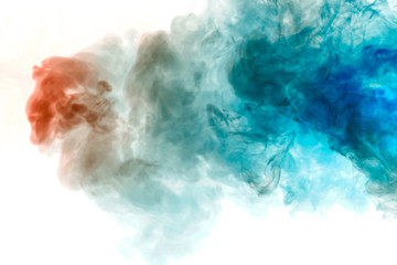 The texture of grey smoke is like a watercolor on a white background with transitions of matter between blue and red like a chemical reaction exhaled from a vape electronic cigarette. T-shirt print.