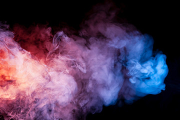 Beautiful horizontal column of smoke in the neon bright light of blue pink and orange on a black background exhaled out of the vape, mocap and print for t-shirt.