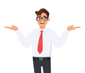 Happy young businessman spreads or gestures hands to copy space side away for advertisement product, introduces or presents something while standing against white background. Cartoon illustration.