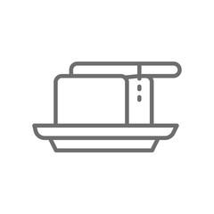 Butter in butterdish with knife line icon.
