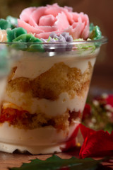 Delicious, appetizing, fragrant dessert. Triple delicious light dessert, decorated with oil flowers.