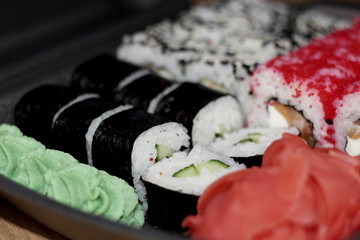 Sophisticated rolls of sauce, ginger and sesame, Japanese food