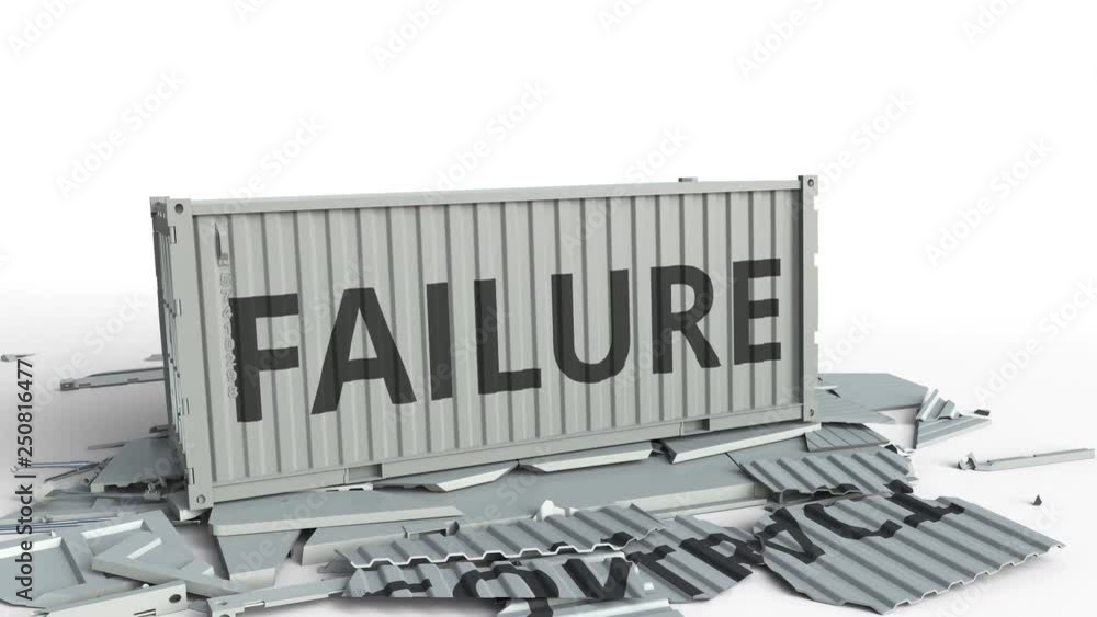 Poster container with contract text being broken by cargo container with failure inscription. conceptual 3d