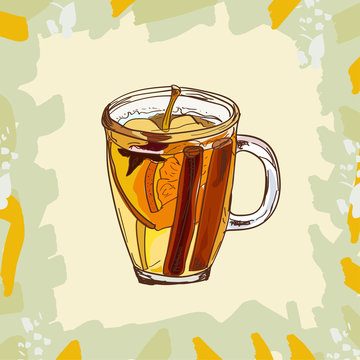 Hot Mulled Apple Cider Classic Cocktail Illustration. Alcoholic Warm Bar Drink Hand Drawn Vector. Pop Art Menu Image Item.