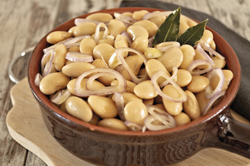 fagioli bianchi in insalata con cipolla primo piano in coccio scruro