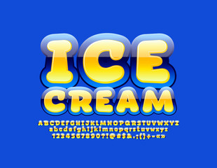 Vector glossy banner Ice cream with tasty Alphabet Letters, Numbers and Symbols. Blue and Yellow shiny Font