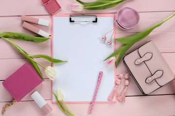 Spring fashion Flat lay.Spring to-do list.International Women's Day.Clipboard pink, fashion...