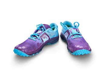 Front view of blue and purple trainers isolated on a white background.
