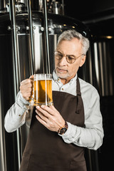 serious senior brewer looking at glass of beer in brewery