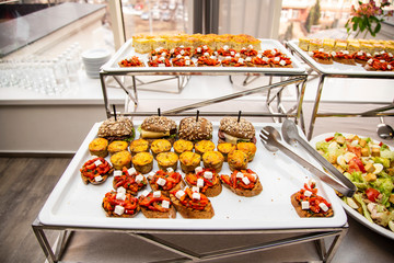 bruschetta on grilled bread with soft cheese and vegetable ratatouille, quiche loren and mini burger with veal pastry, cheese, mustard sauce at catering event on some festive event, party or wedding