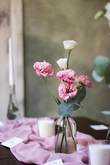Wedding. Banquet. The chairs and table for guests, served with cutlery, flowers and crockery and...