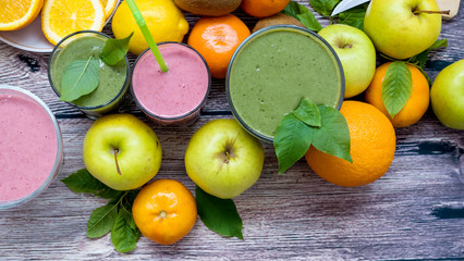Vegetable vitamin smoothies and fruit on the table