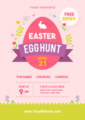 Easter egg hunt poster vector illustration. Egg with spring floral on pink dot pattern background. flyer design