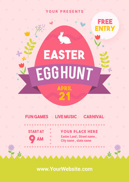 Easter Egg Hunt Poster Vector Illustration. Egg With Spring Floral On Pink Dot Pattern Background. Flyer Design