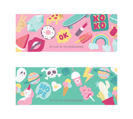 Cartoon vector girlish accessories lipstick icecream kids unicorn rainbow and doghnut illustration colorful set of backdrop girlie background