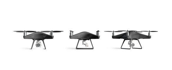 Blank black quadrocopter mockup set, stand isolated, front and side view, 3d rendering. Empty...