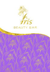 Iris flower logo in the style of engraving.  Beauty logo.  Beauty Bar. Brochure flyer design template. Romantic design for natural cosmetics, perfume, women products.