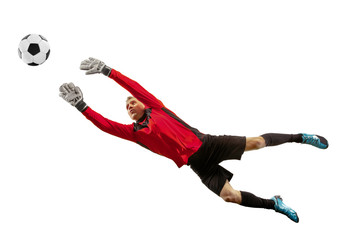 Male soccer player goalkeeper catching ball in jump. Silhouette of fit man with ball isolated on white studio background - Powered by Adobe