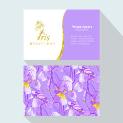  Iris flower logo in the style of engraving. Beauty logo.  Beauty Bar. Vector business cards design template. Romantic design for natural cosmetics, perfume, women products.