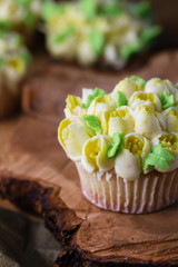 beautiful cupcakes on wooden background, closeup