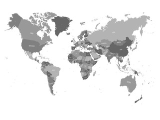 World map in four shades of grey on white background. High detail political map with country names. Vector illustration