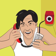 Vector illustration with a man talking on the phone. Retro style.