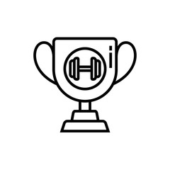 bodybuilder trophy icon with dumbbell symbol for bodybuilding competition illustration. simple monoline vector graphic.