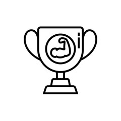 bodybuilder trophy icon with hand muscle symbol for bodybuilding competition illustration. simple monoline vector graphic.