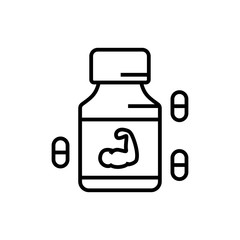 fitness protein supplement icon with pill symbol. medicine for bodybuilder illustration. simple monoline vector graphic.